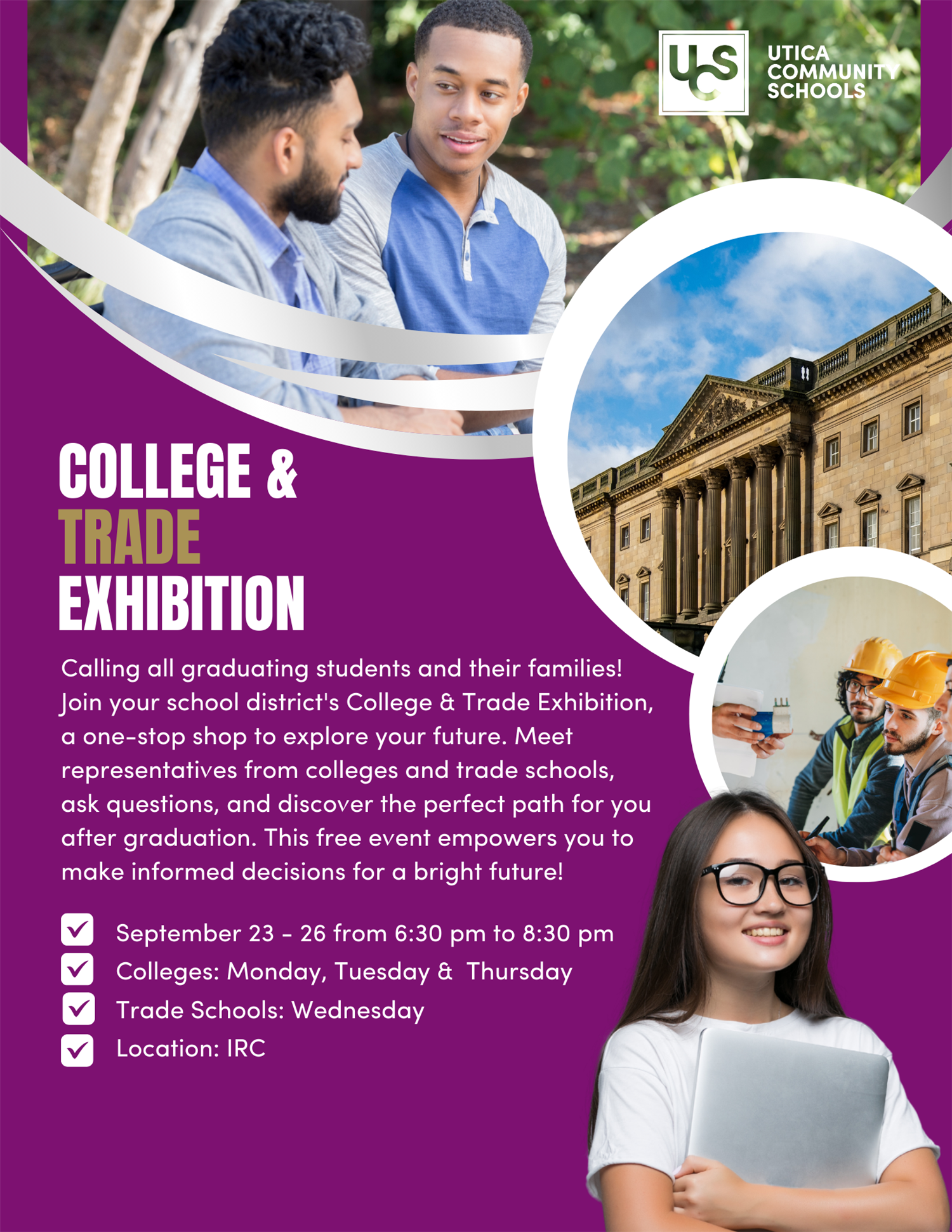 College and trade exhibition informational flyer